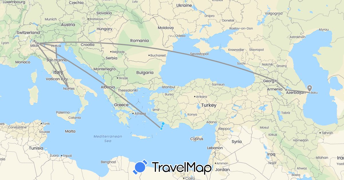 TravelMap itinerary: driving, plane, boat in Azerbaijan, Georgia, Greece, Italy, San Marino, Turkey (Asia, Europe)